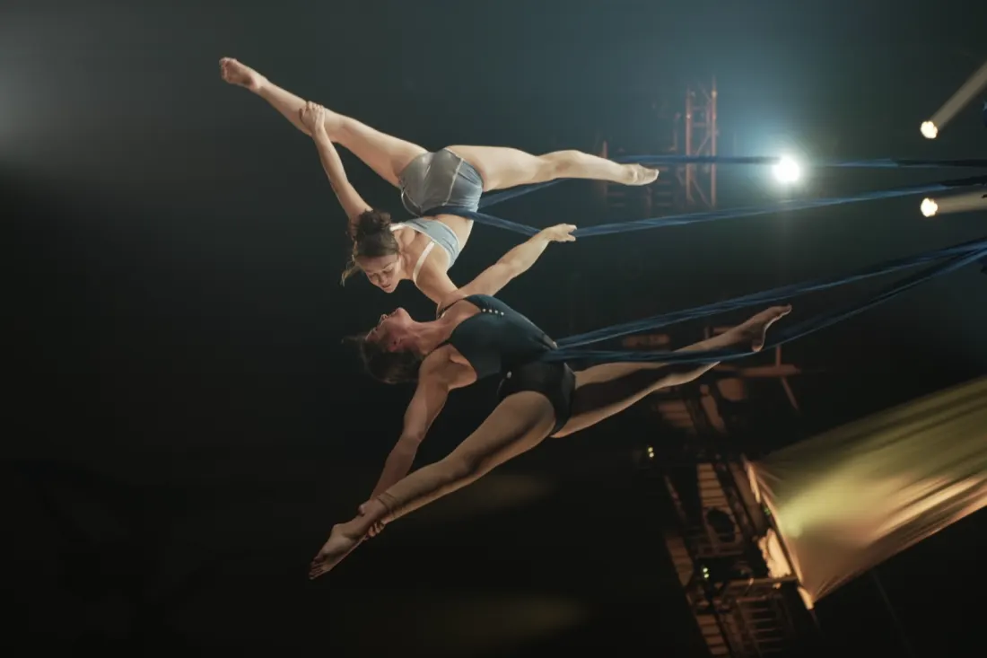 Acrobates aériens lors d'un spectacle nocturne